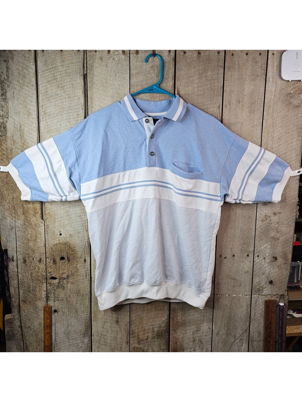 Van Heusen Men's M Medium Blue White Striped Polo Shirt Short Sleeve Pocket